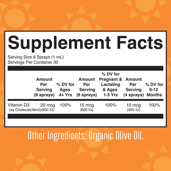 MaryRuth Vegan Liquid Vitamin D3 Spray Unflavored Supplement Facts