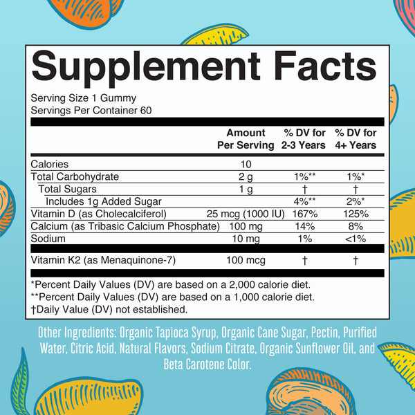 MaryRuth K2 + D3 Calcium Gummies peach mango apricot flavor Supplement Facts