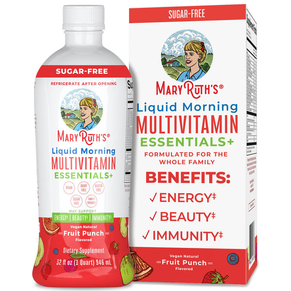 MaryRuth Liquid Morning Multivitamin Essentials+ Fruit Punch Flavor Product Image Bottle + Box
