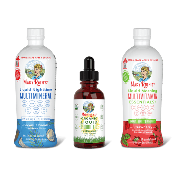 MaryRuth Triad Of Health  Liquid Nighttime Multimineral coconut dream flavor, Organic Liquid Probiotic & Liquid Morning Multivitamin Essentials Strawberry Flavor Product Image, no background