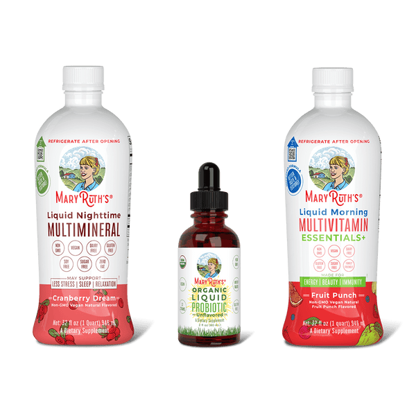 MaryRuth Triad Of Health  Liquid Nighttime Multimineral Cranberry Dream flavor, Organic Liquid Probiotic & Liquid Morning Multivitamin Essentials Fruit Punch Flavor Product Image, no background