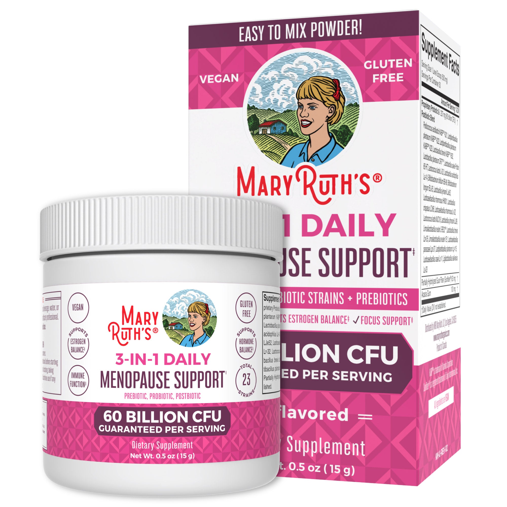 MaryRuth 3-in-1 Menopause Support Powder Vitamin Supplement Unflavored  Product Image Bottle + Box