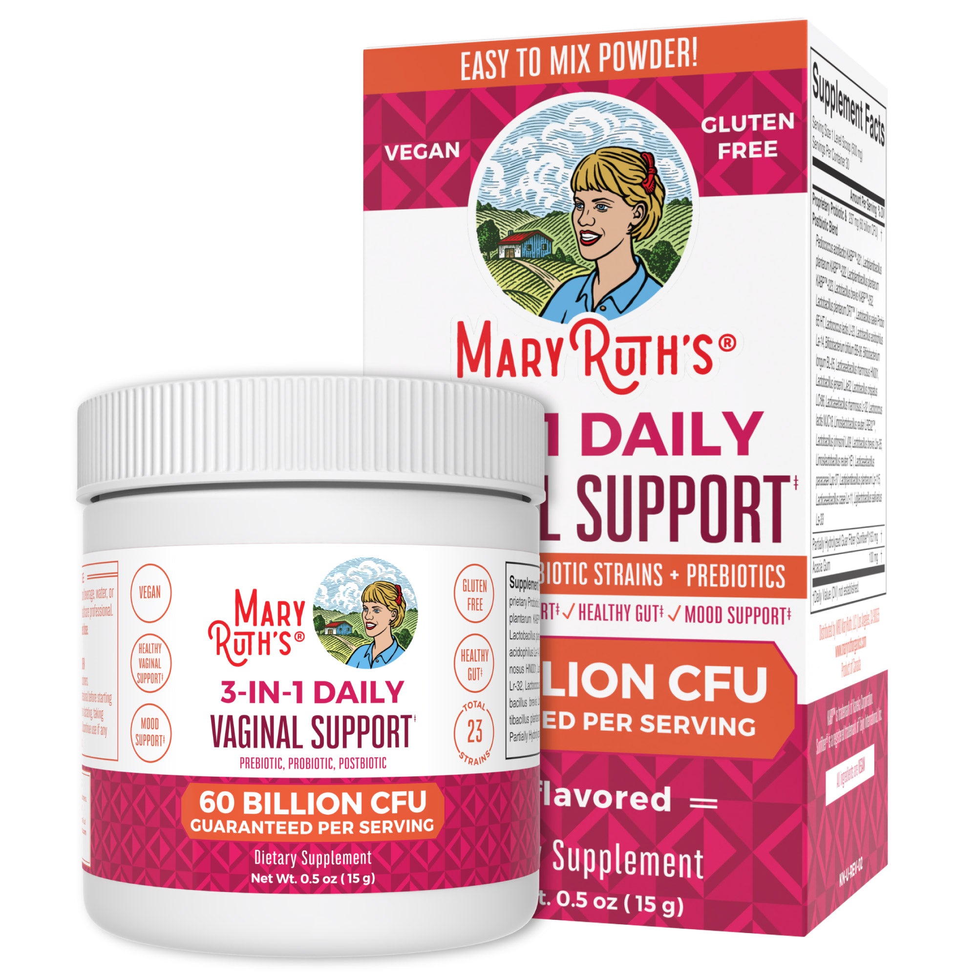 MaryRuth 3-in-1 Vaginal Health Support Powder with Probiotics Unflavored for healthy gut, mood, hormone balance, and immune function Product Image Bottle + Box