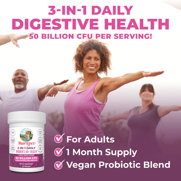 MaryRuth 3-in-1 Women's 40+ Daily Capsule & Gut Health Probiotics Unflavored to support menopause, estrogen balance, gut health, mood, focus, and immune function Product Overview