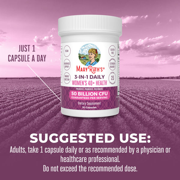 MaryRuth 3-in-1 Women's 40+ Daily Capsule & Gut Health Probiotics Unflavored to support menopause, estrogen balance, gut health, mood, focus, and immune function Suggested Use