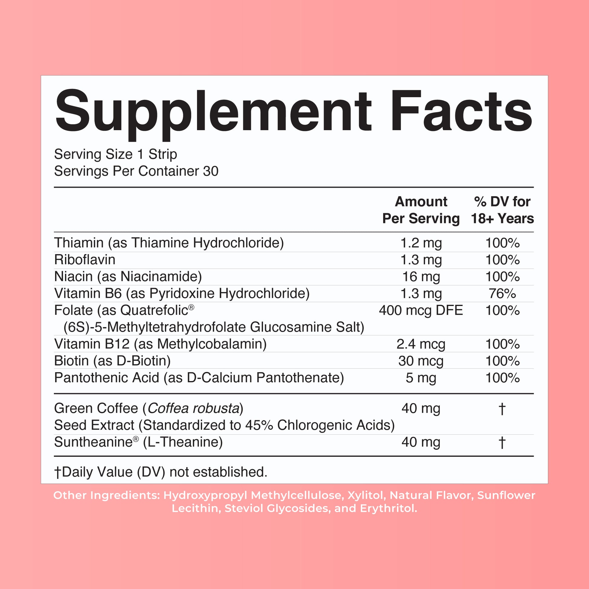 Energy Dissolving Strips 30 Strips Strawberry Supplement Facts