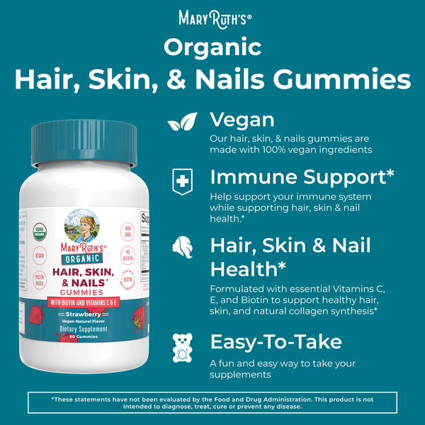 MaryRuth Vegan Organic Hair, Skin, & Nails Vitamin Gummies Strawberry Flavor Advertisement