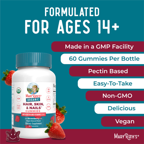 MaryRuth Vegan Organic Hair, Skin, & Nails Vitamin Gummies Strawberry Flavor Advertisement