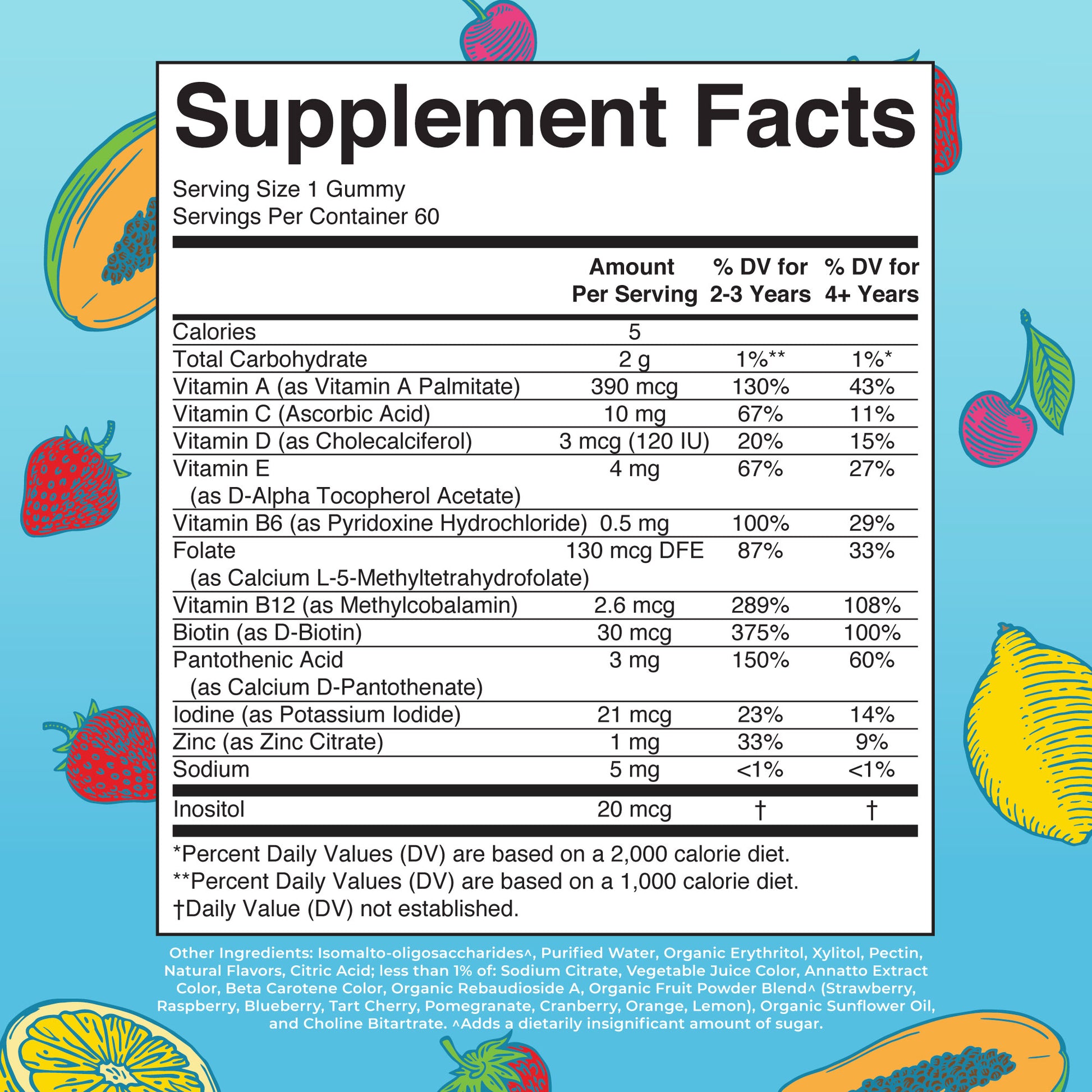 Kids Multivitamin Gummies 60CT Vegan Strawberry Papaya Supplement Facts