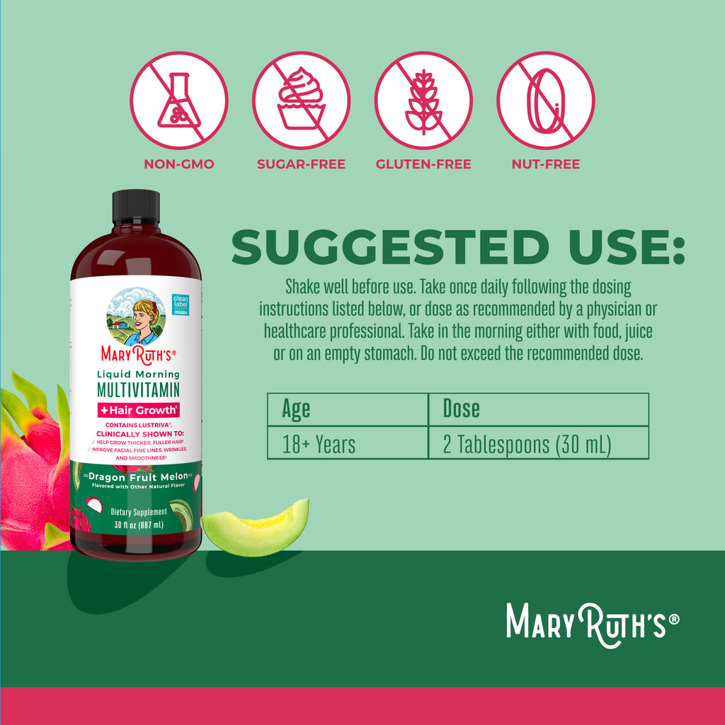Liquid Morning Multivitamin + Hair Growth 30oz Dragon Fruit Melon Suggested Use