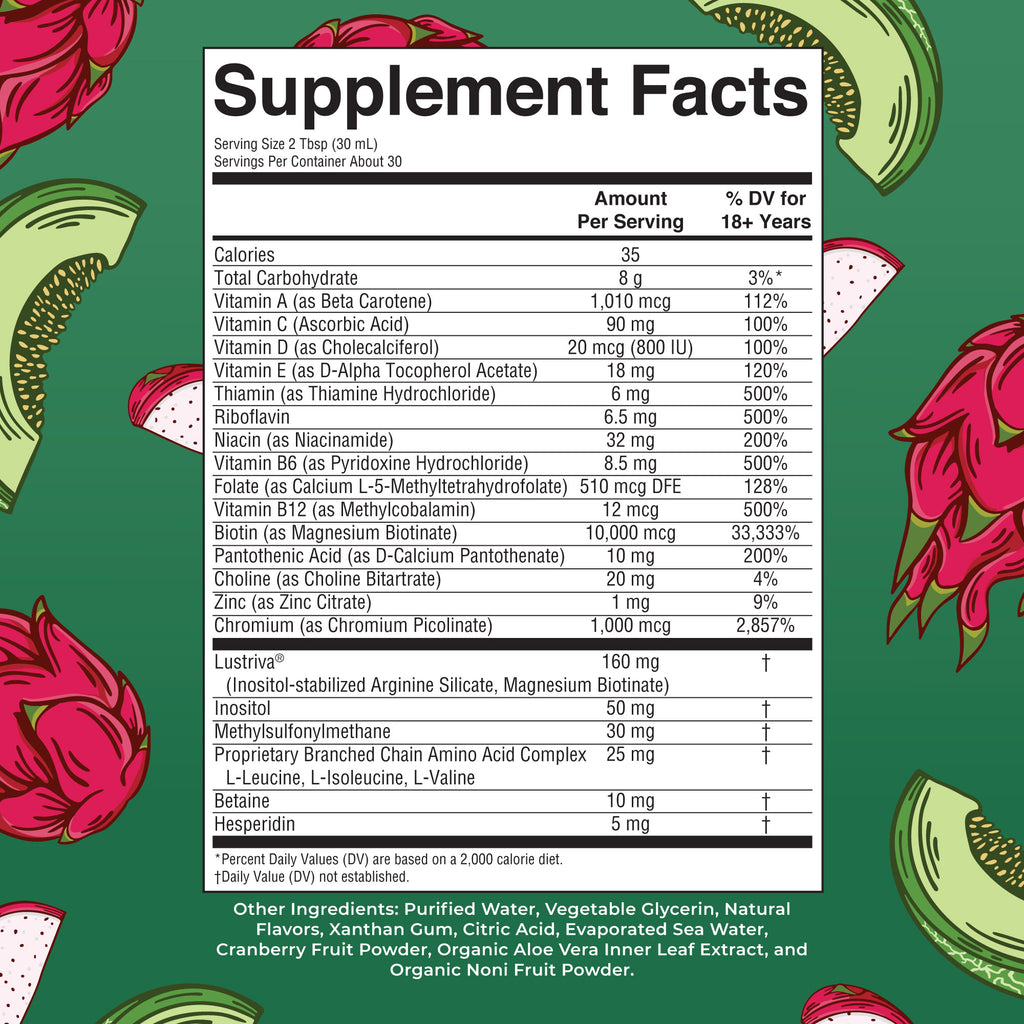 Liquid Morning Multivitamin + Hair Growth 30oz Dragon Fruit Melon Supplement Facts