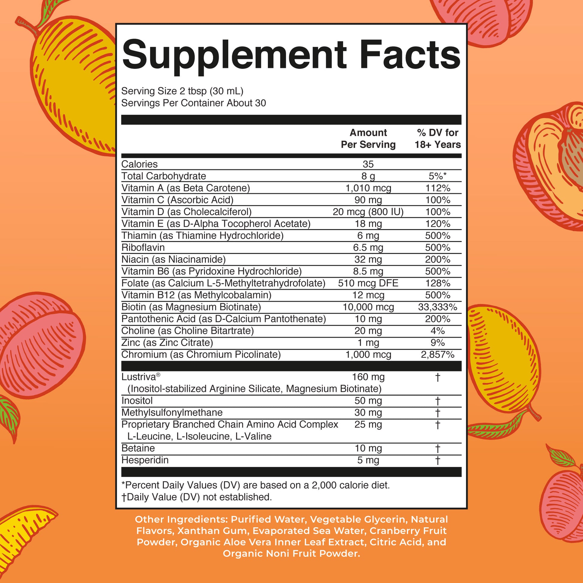 Liquid Morning Multivitamin + Hair Growth 30oz Peach Mango Supplement Facts