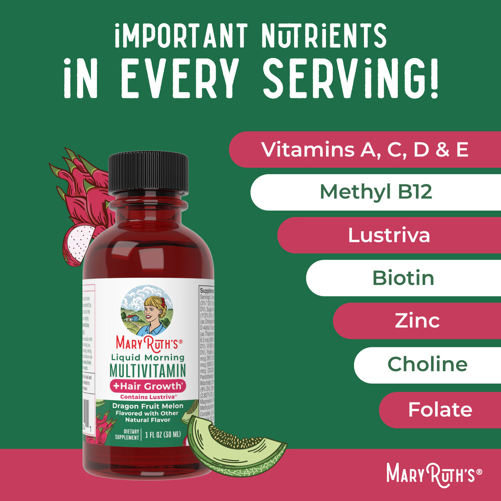 Liquid Morning Multivitamin + Hair Growth Travel Pack Dragon Fruit Melon  Ingredients