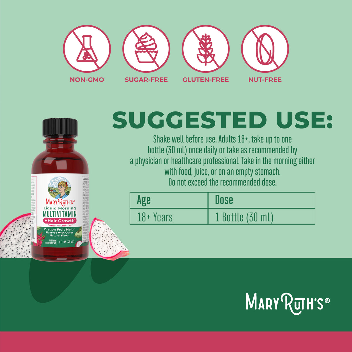 Liquid Morning Multivitamin + Hair Growth Travel Pack Dragon Fruit Melon Suggested Use
