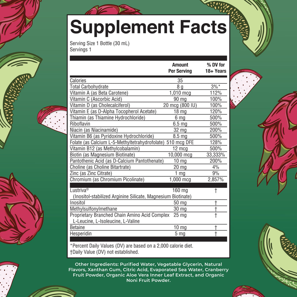 Liquid Morning Multivitamin + Hair Growth Travel Pack Dragon Fruit Melon Supplement Facts Panel