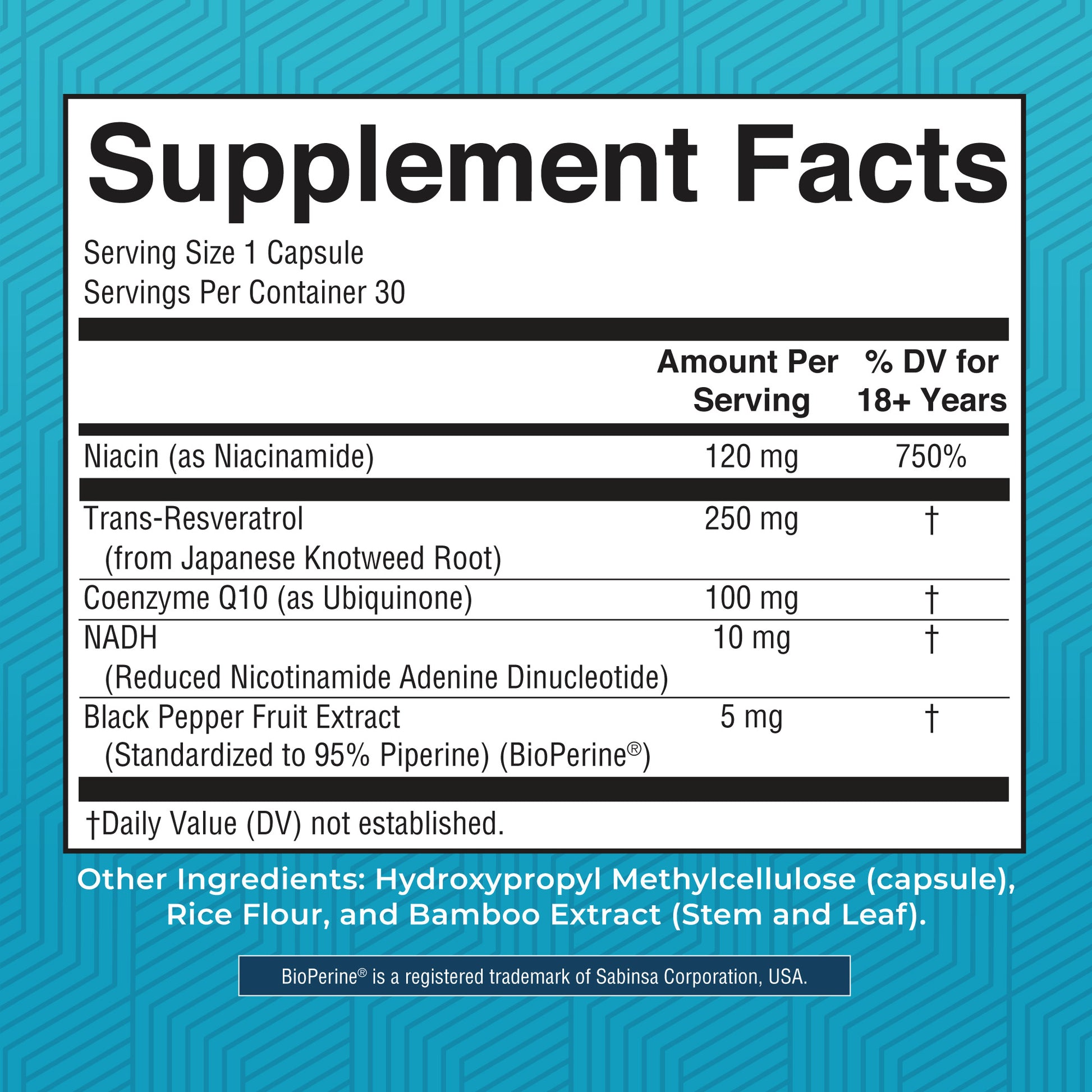 NADH Capsules 30CT Supplement Facts