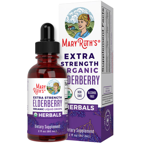 MaryRuth Organic Elderberry Herbal Liquid Drops Extra Strength  Product Image Bottle + Box