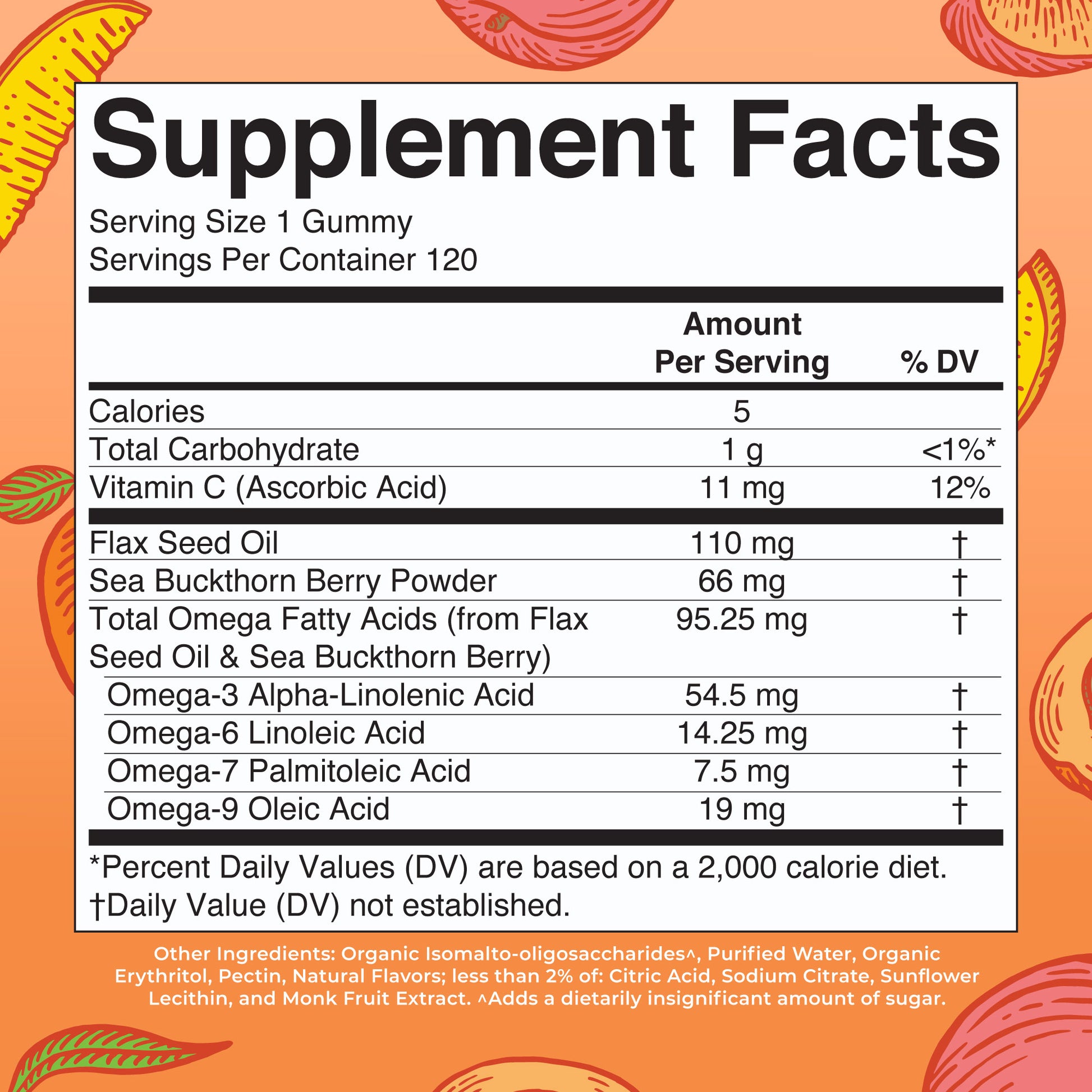 Omega 3-6-7-9 Gummies 120CT Peach Mango Apricot Supplement Facts