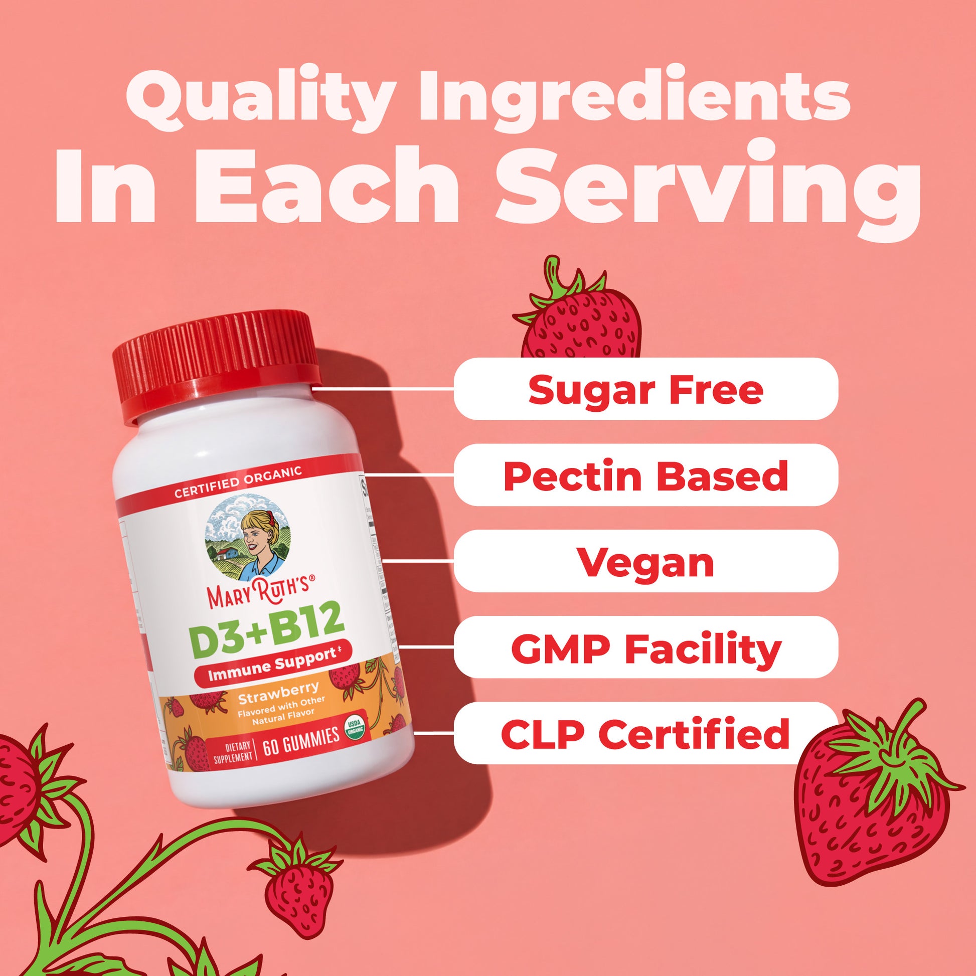 Organic D3 + B12 Gummies 60CT Strawberry Ingredients