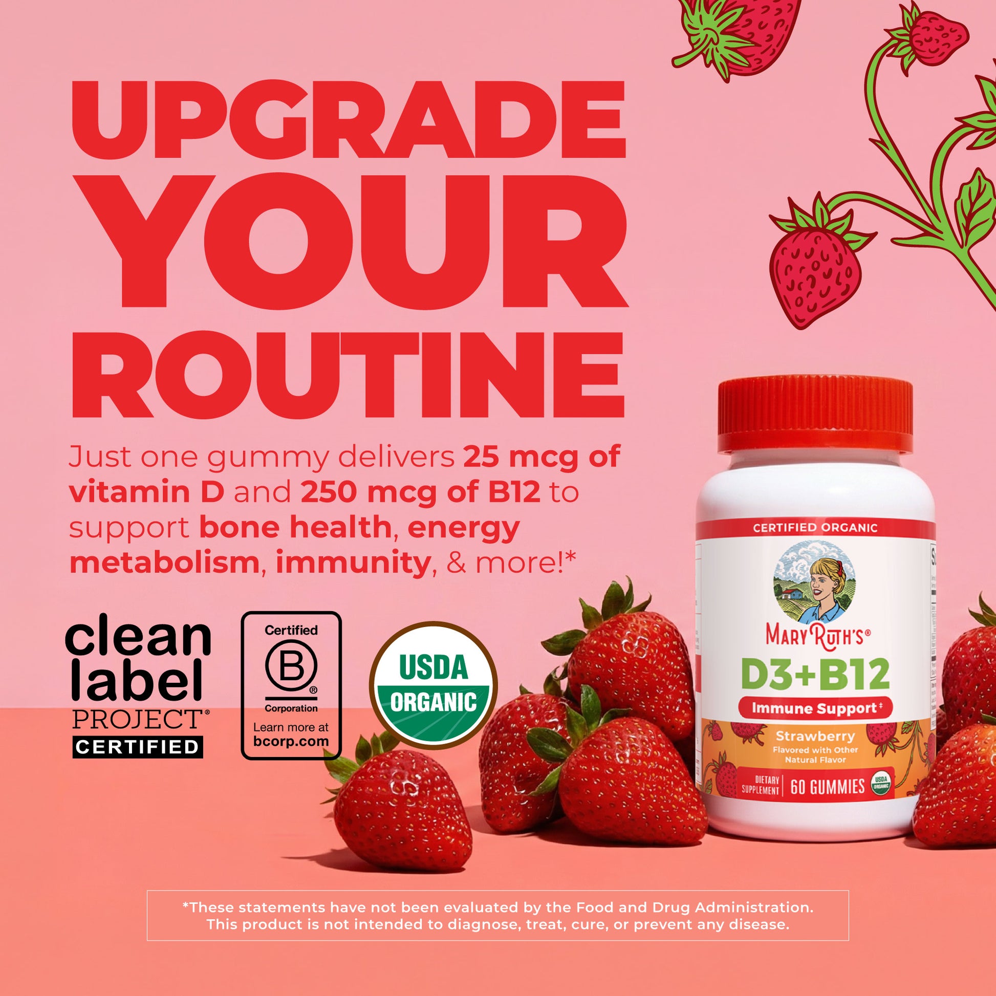 Organic D3 + B12 Gummies 60CT Strawberry Upgrade Your Routine