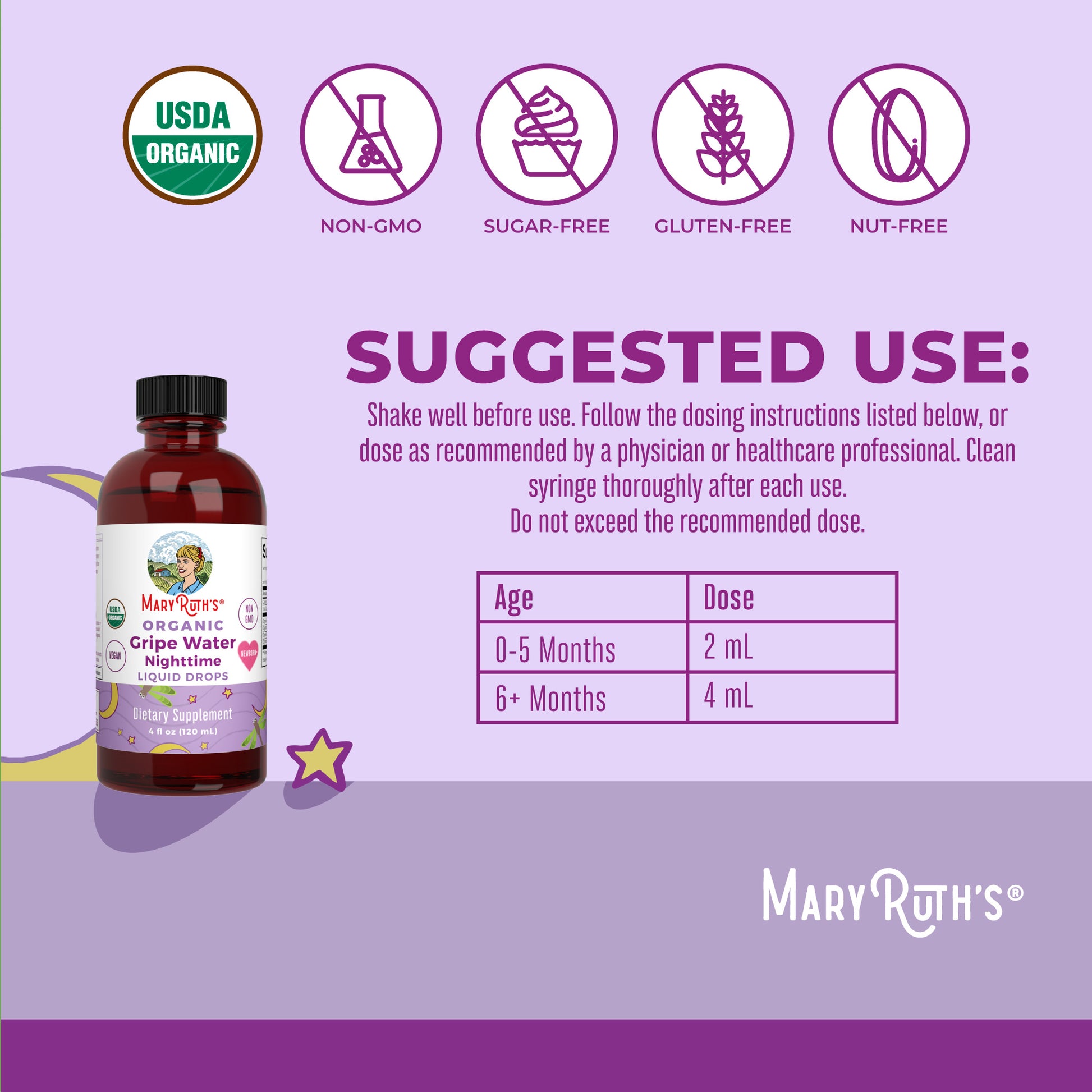 Organic Gripe Water Nighttime Liquid Drops 4oz Suggested Use