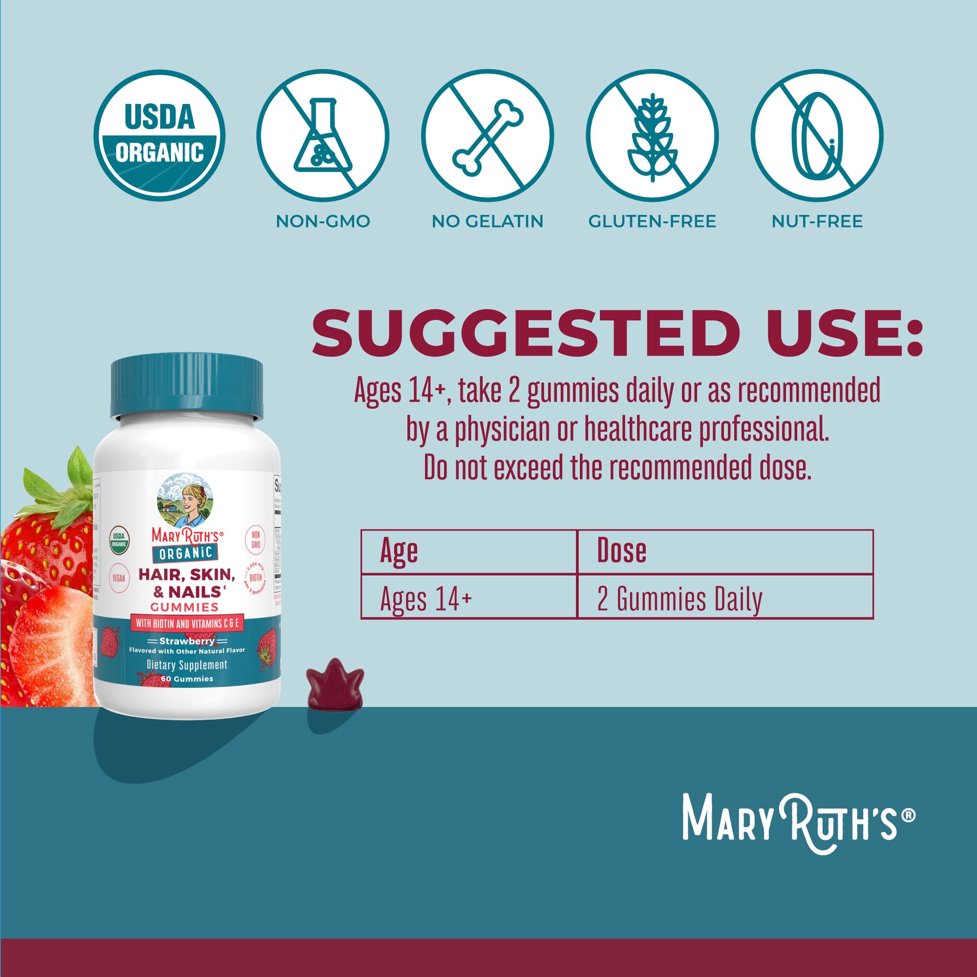 Organic Hair Skin Nails Gummies 60CT Strawberry Suggested Use