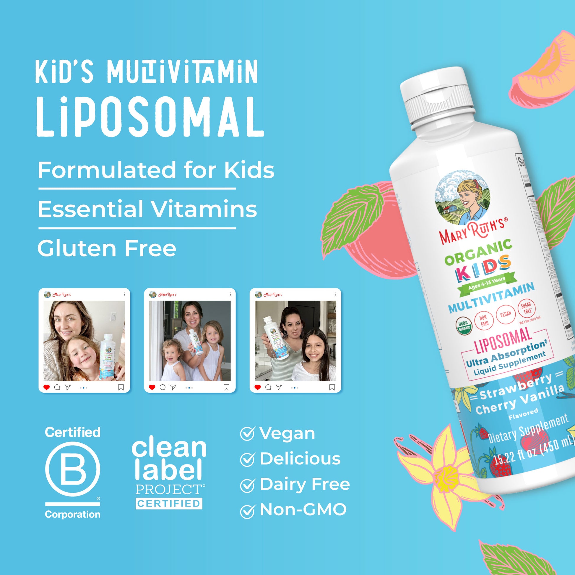Organic Kids Multivitamin Liposomal 15oz Strawberry Cherry & Vanilla Benefits 2