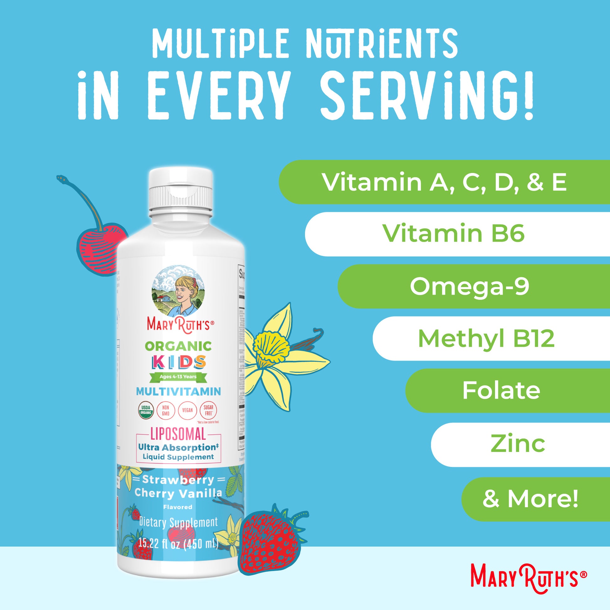 Organic Kids Multivitamin Liposomal 15oz Strawberry Cherry & Vanilla Ingredients