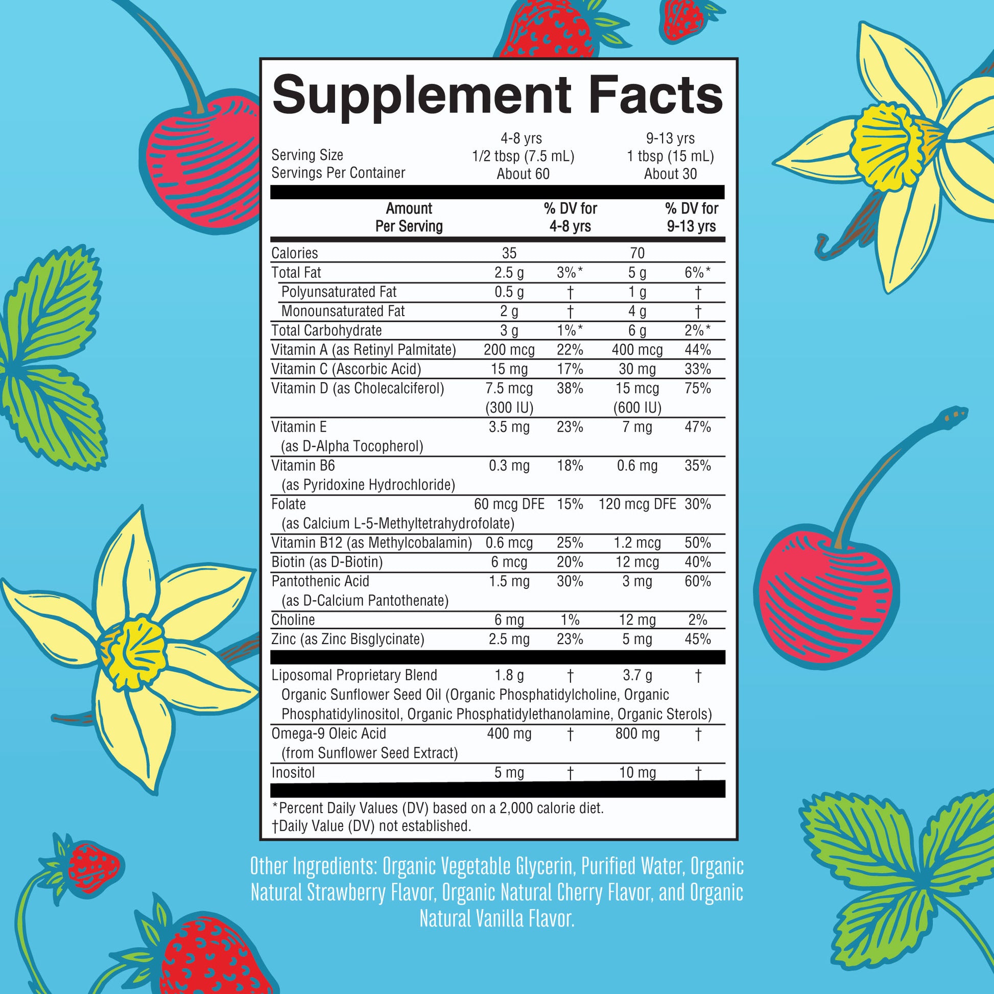 Organic Kids Multivitamin Liposomal 15oz Strawberry Cherry & Vanilla Supplement Facts