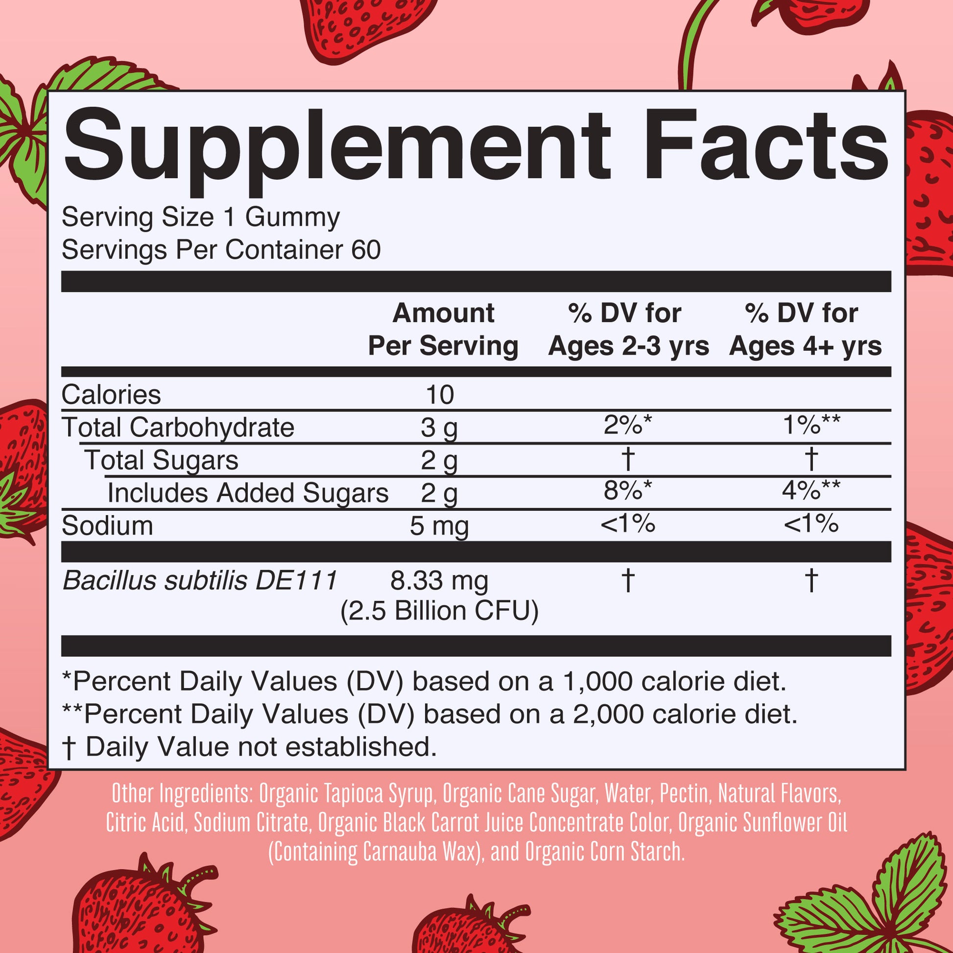 Organic Kids Probiotic Gummies Strawberry 60CT Supplement Facts