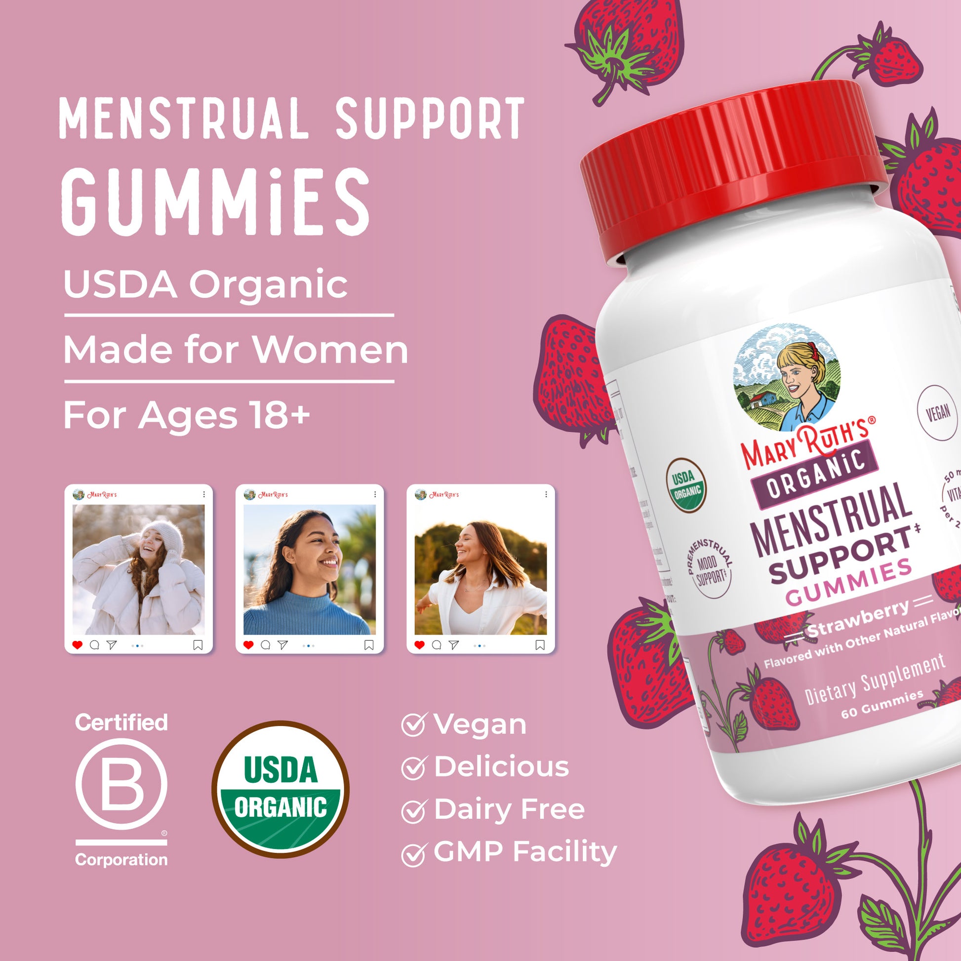 Organic Menstrual Support Gummies 60CT Strawberry Benefits