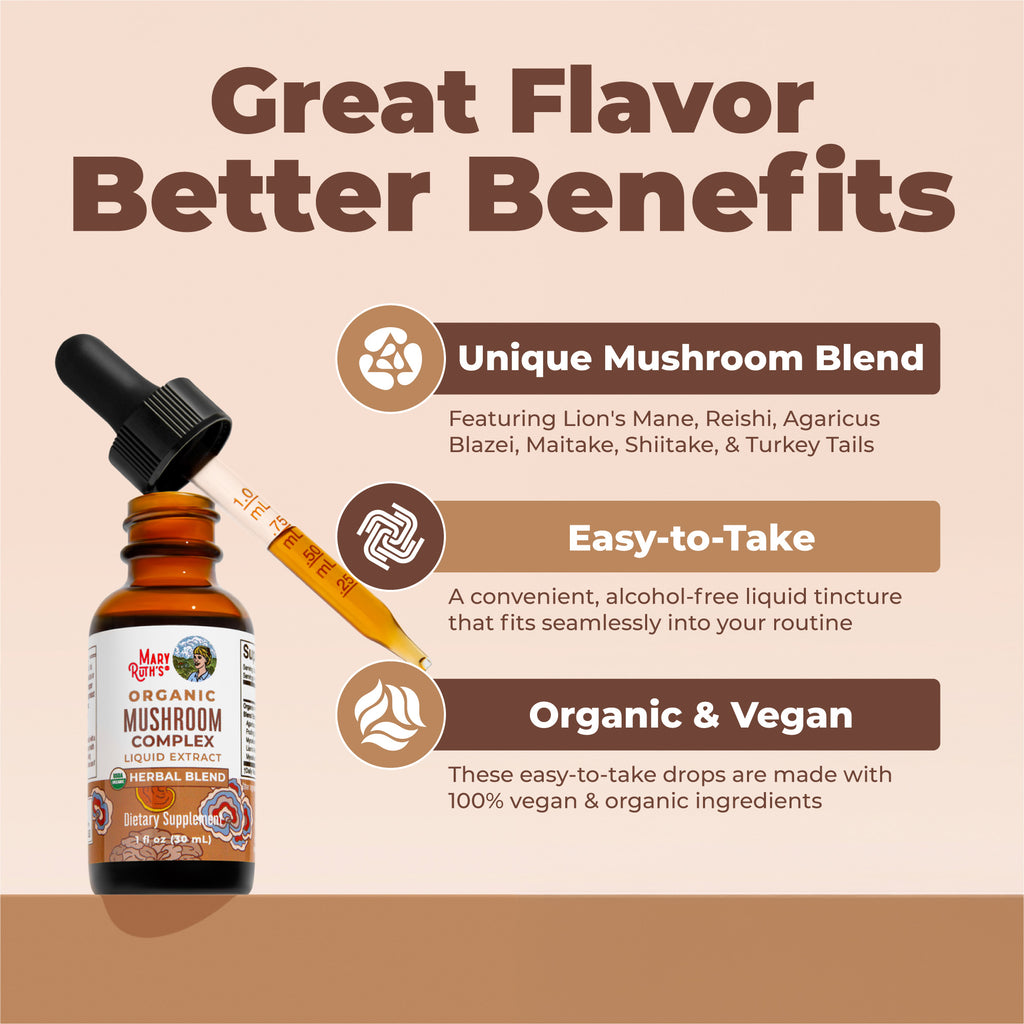 Organic Mushroom Complex Liquid Drops 1oz Great Flavor Better Benefits