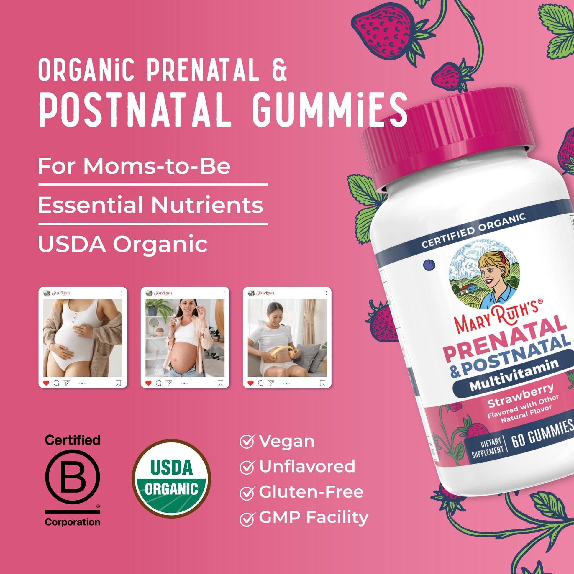 Organic Prenatal & Postnatal Multivitamin Gummies 60CT Strawberry Great Flavor Better Benefits