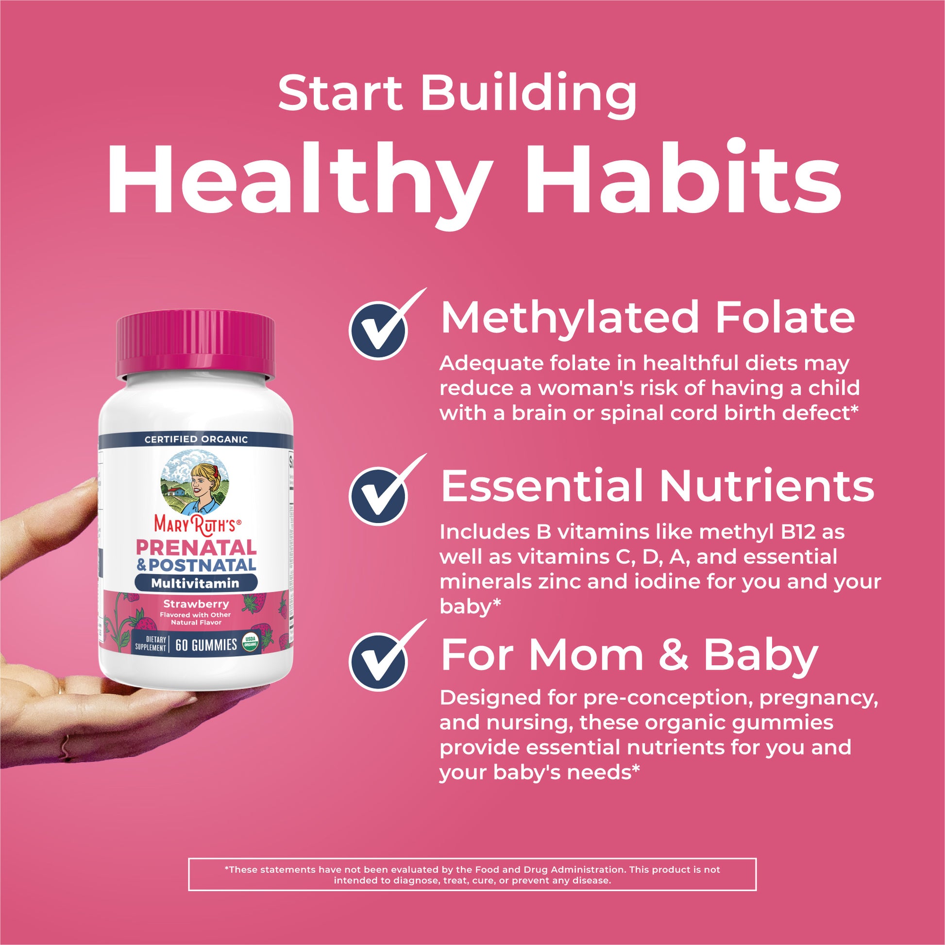 Organic Prenatal Postnatal Multivitamin Gummies 60CT Strawberry Healthy Habits