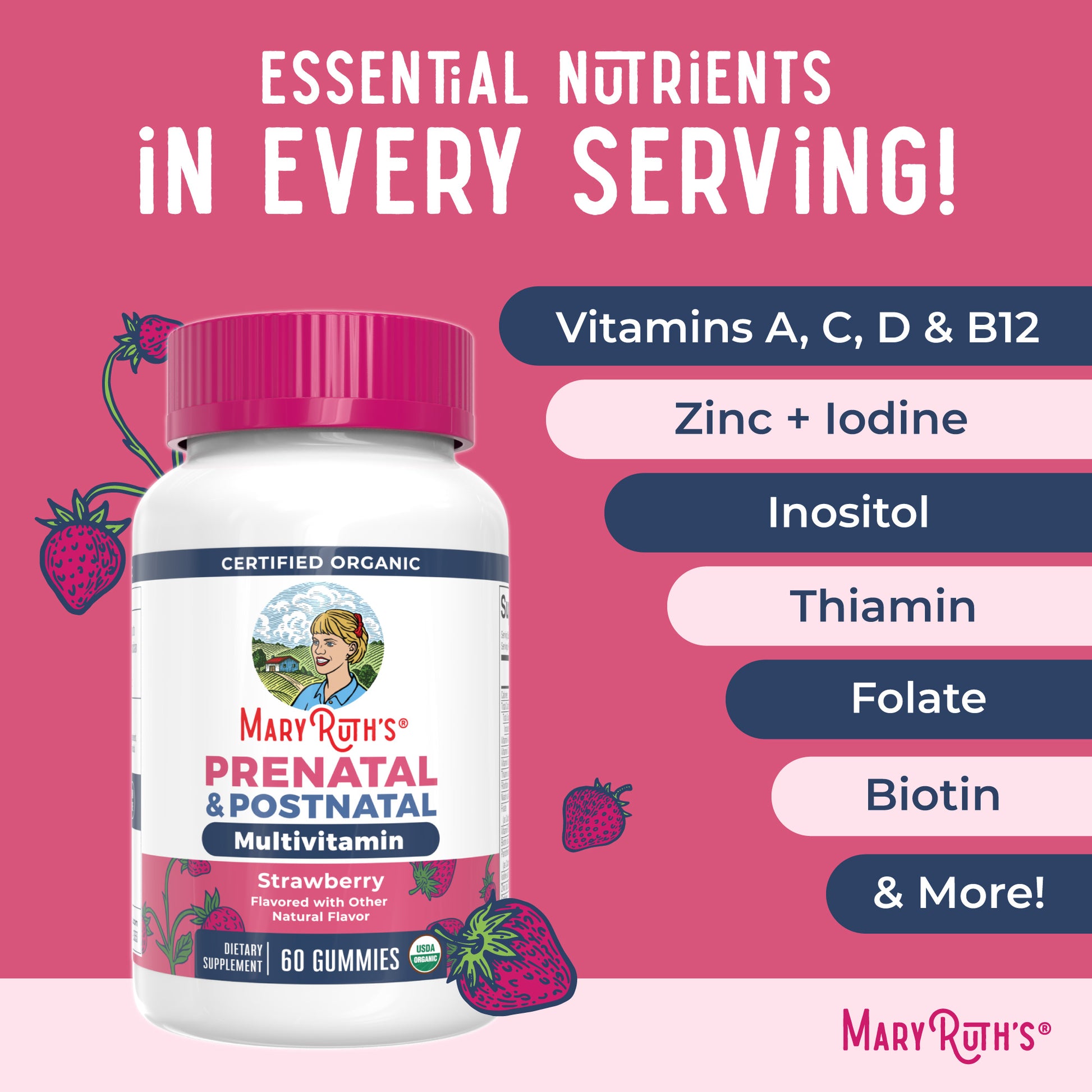 Organic Prenatal & Postnatal Multivitamin Gummies 60CT Strawberry Ingredients