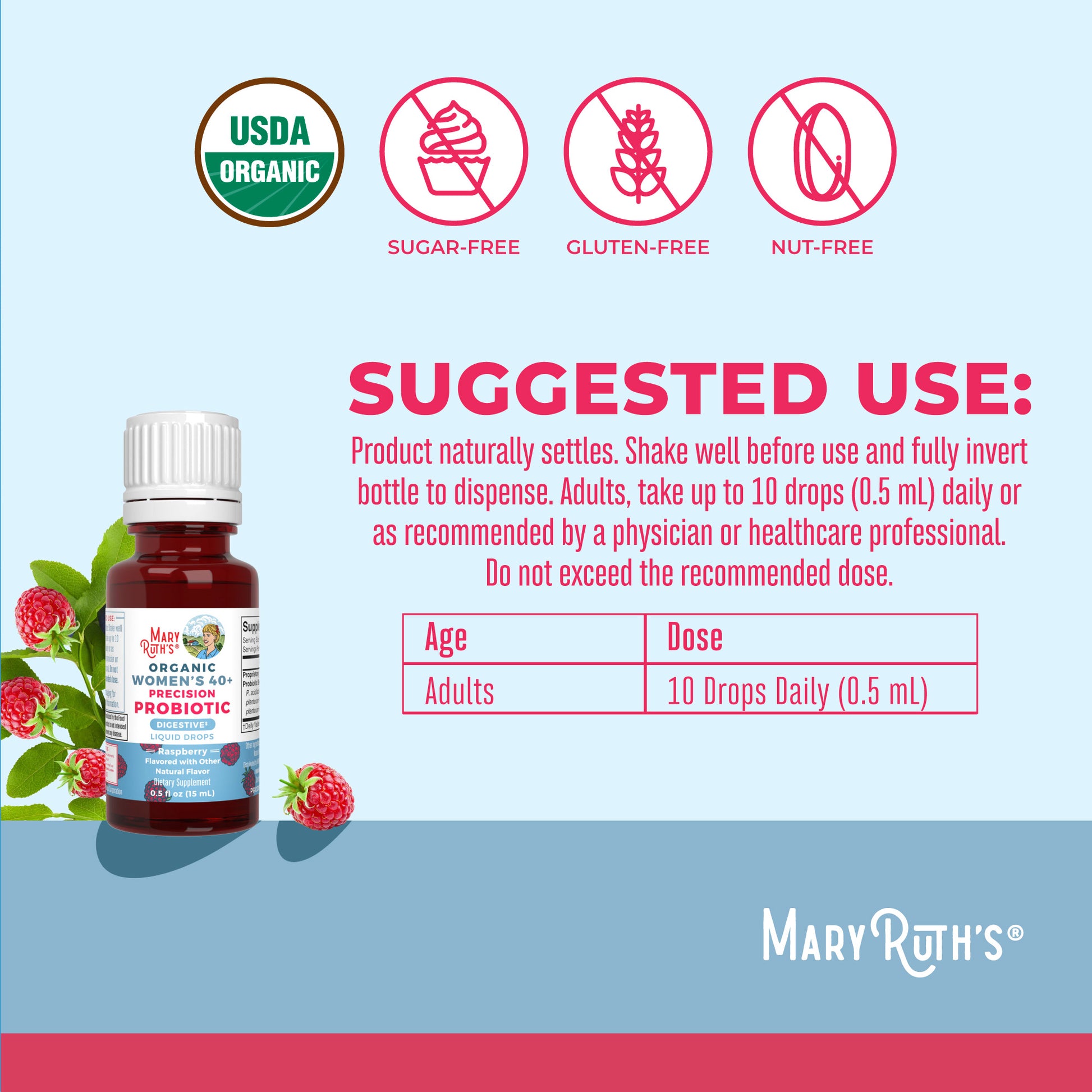 Organic Women's 40+ Precision Probiotic Digestive Liquid Drops 0.5oz Raspberry Suggested Use