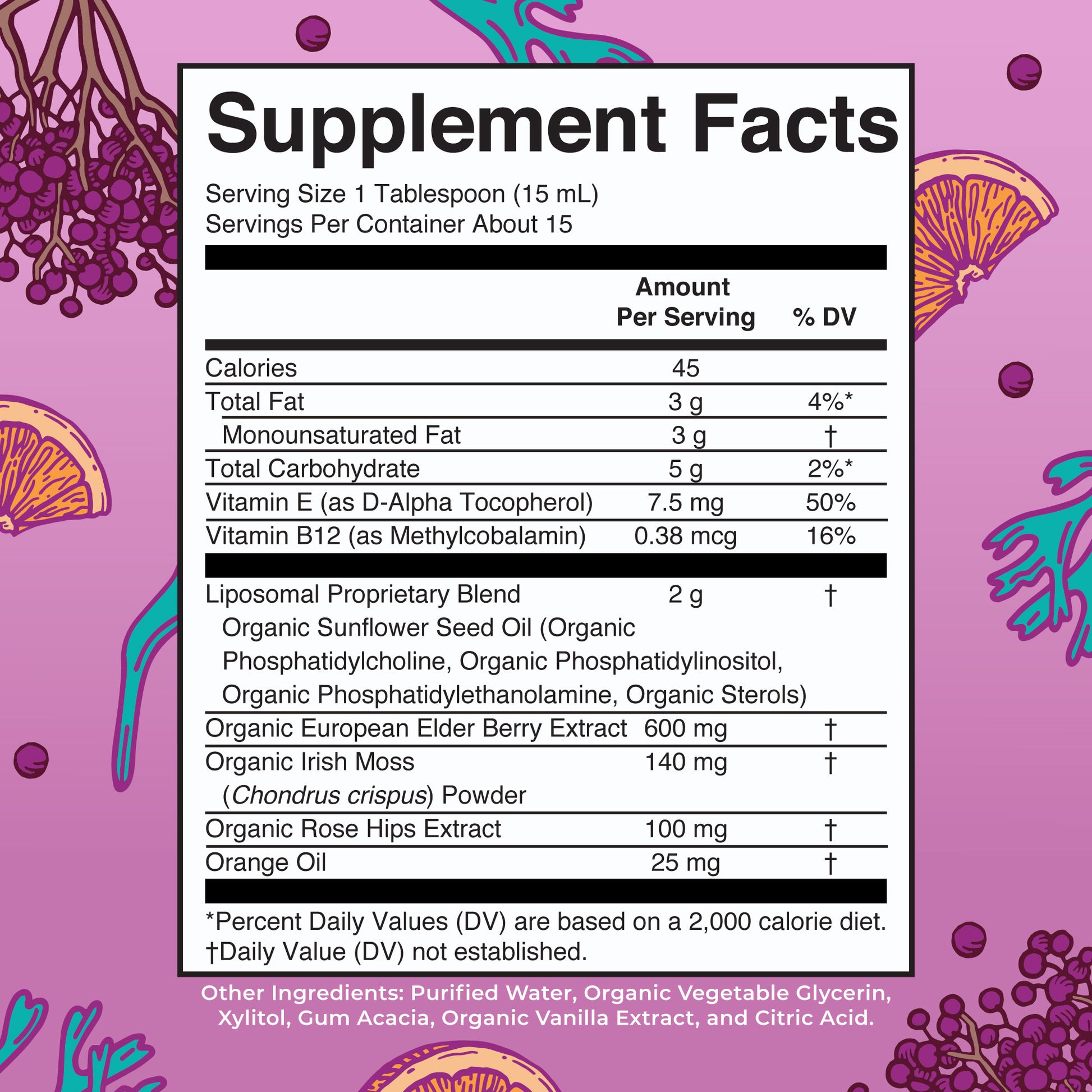 Sea Moss + Immune & Energy Liposomal 7oz Citrus Berry Supplement Facts