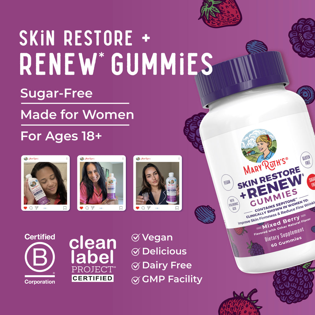Skin Restore + Renew Gummies 60CT Mixed Berry Lifestyle Bottle