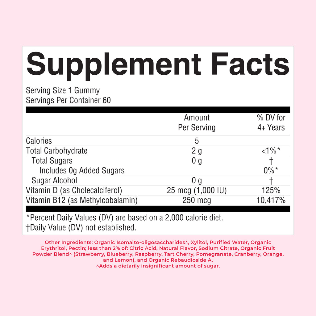Sugar-Free D3 + B12 Gummies 60CT Raspberry Supplement Facts