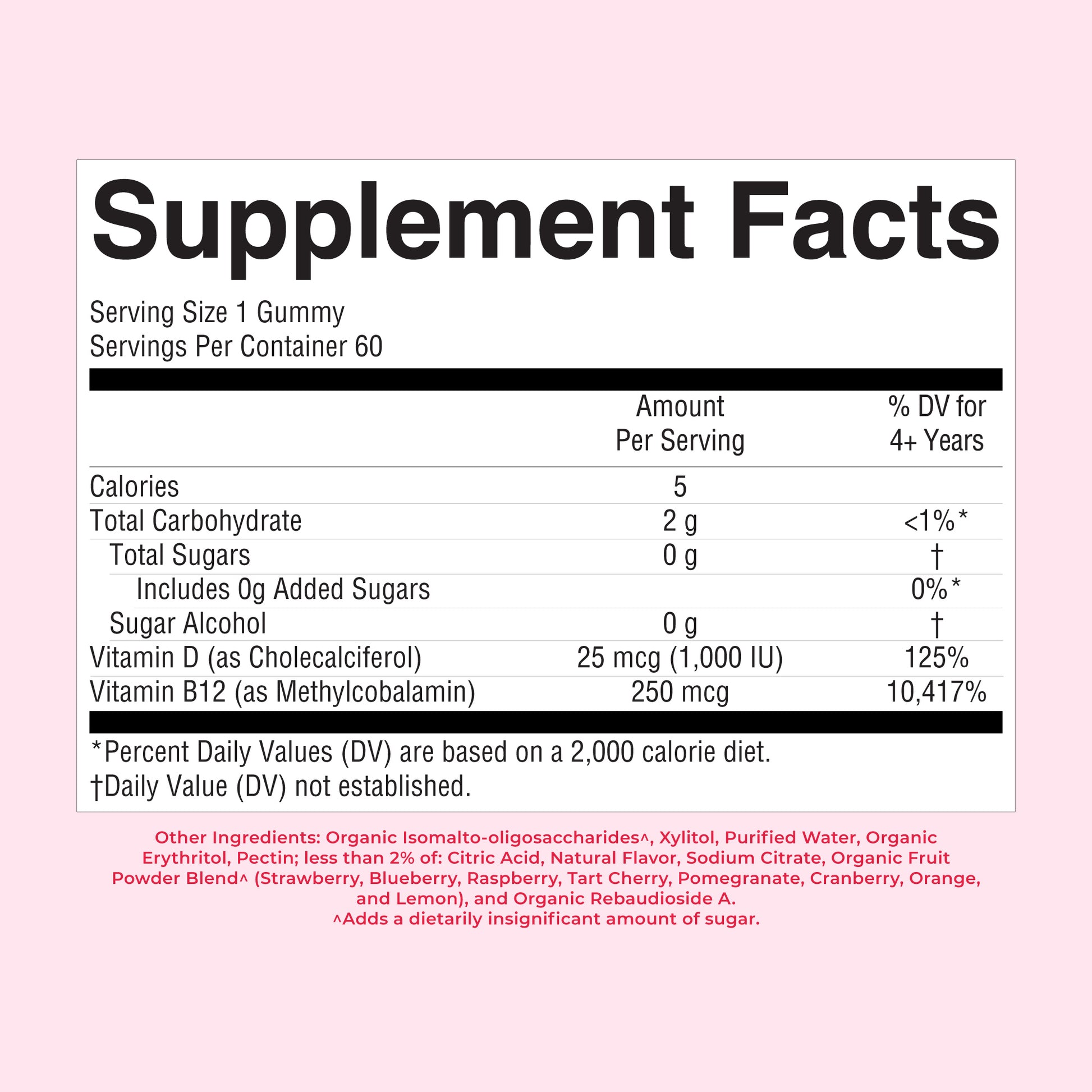 Sugar-Free D3 + B12 Gummies 60CT Raspberry Supplement Facts