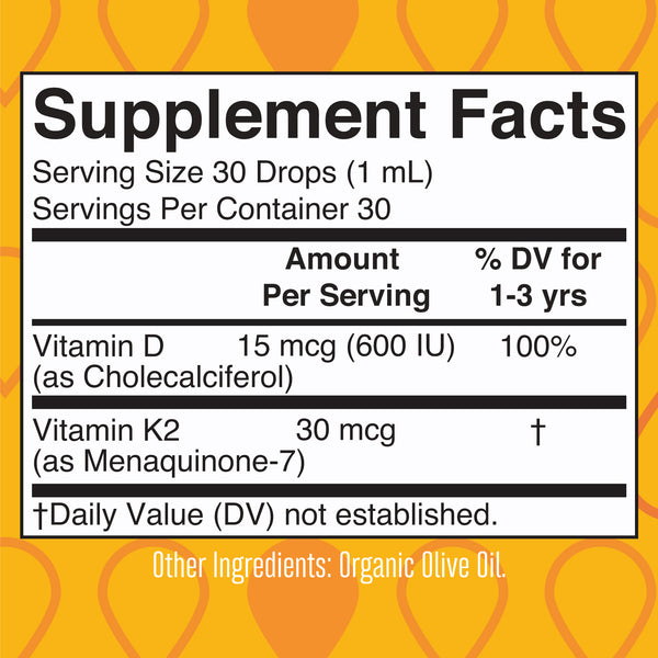 MaryRuth Liquid Vitamin D3 & K2 Drops For Toddlers Unflavored Supplement Facts