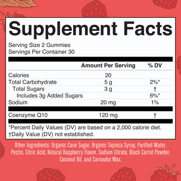 MaryRuth Vegan CoQ10 Supplement Gummies For Kids & Adults Raspberry Flavor Supplement Facts