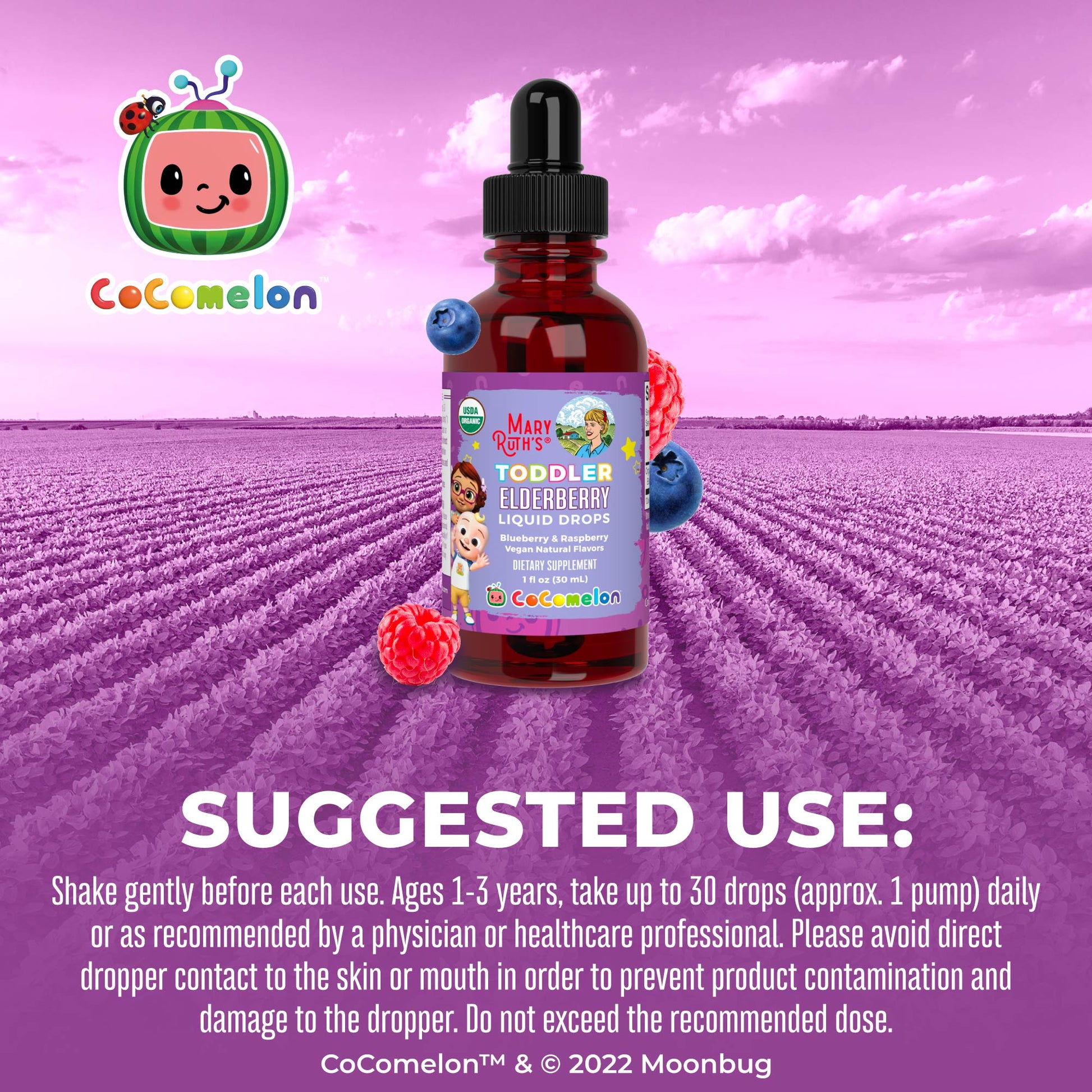 CoComelon Organic Toddler Elderberry Liquid Drops Suggested Use