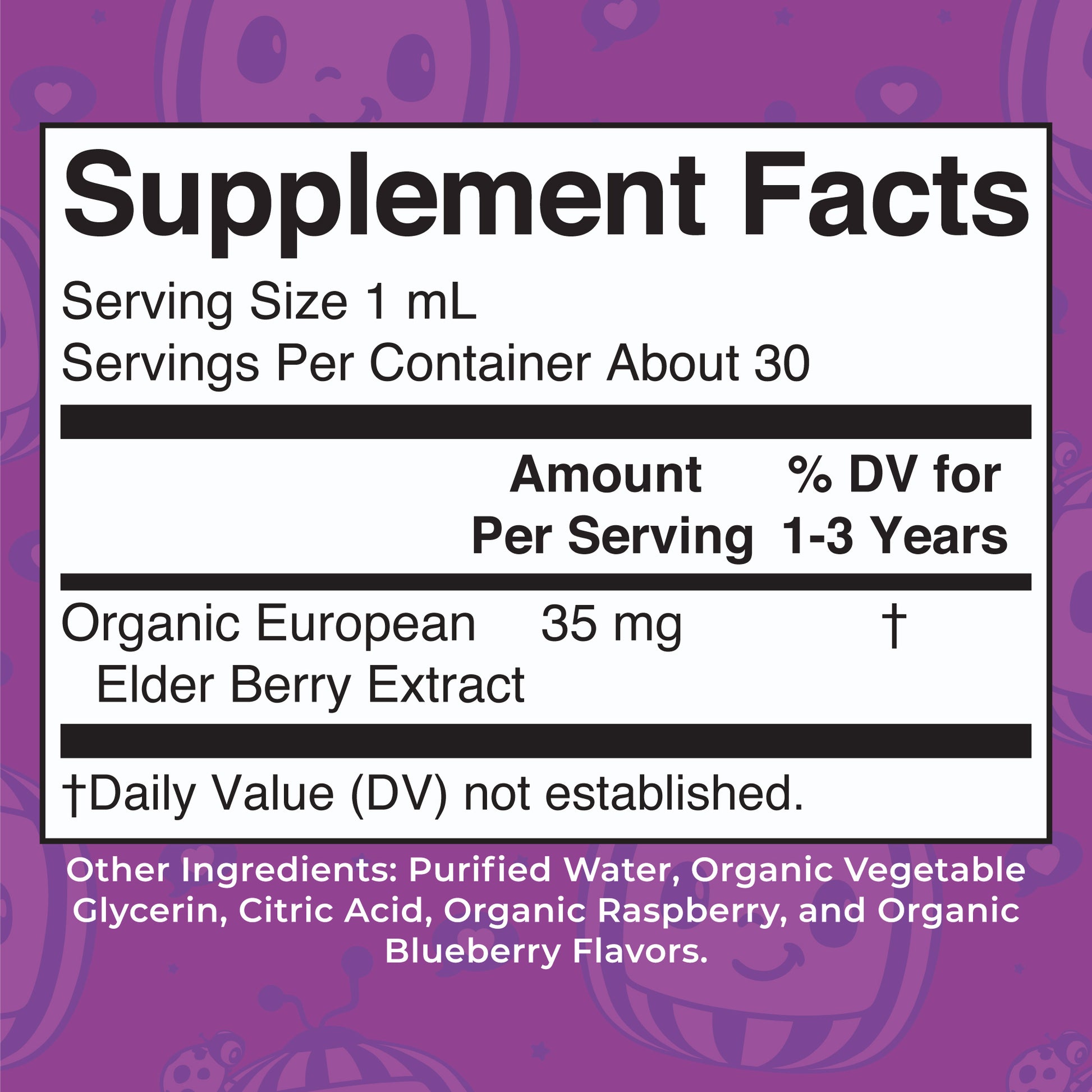 CoComelon Organic Toddler Elderberry Liquid Drops Supplement Facts