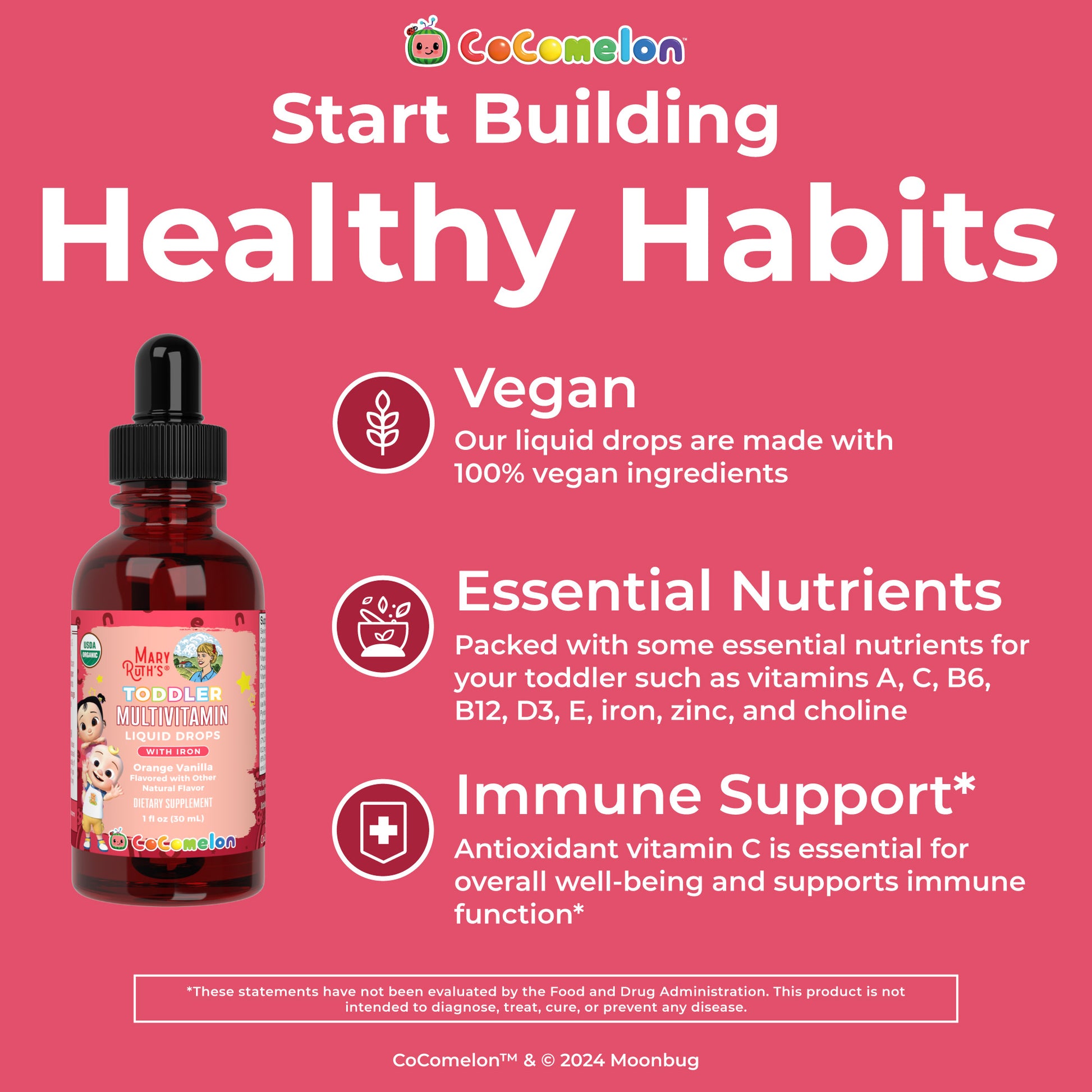 CoComelon Organic Toddler Multivitamin with Iron Liquid Drops Healthy Habits