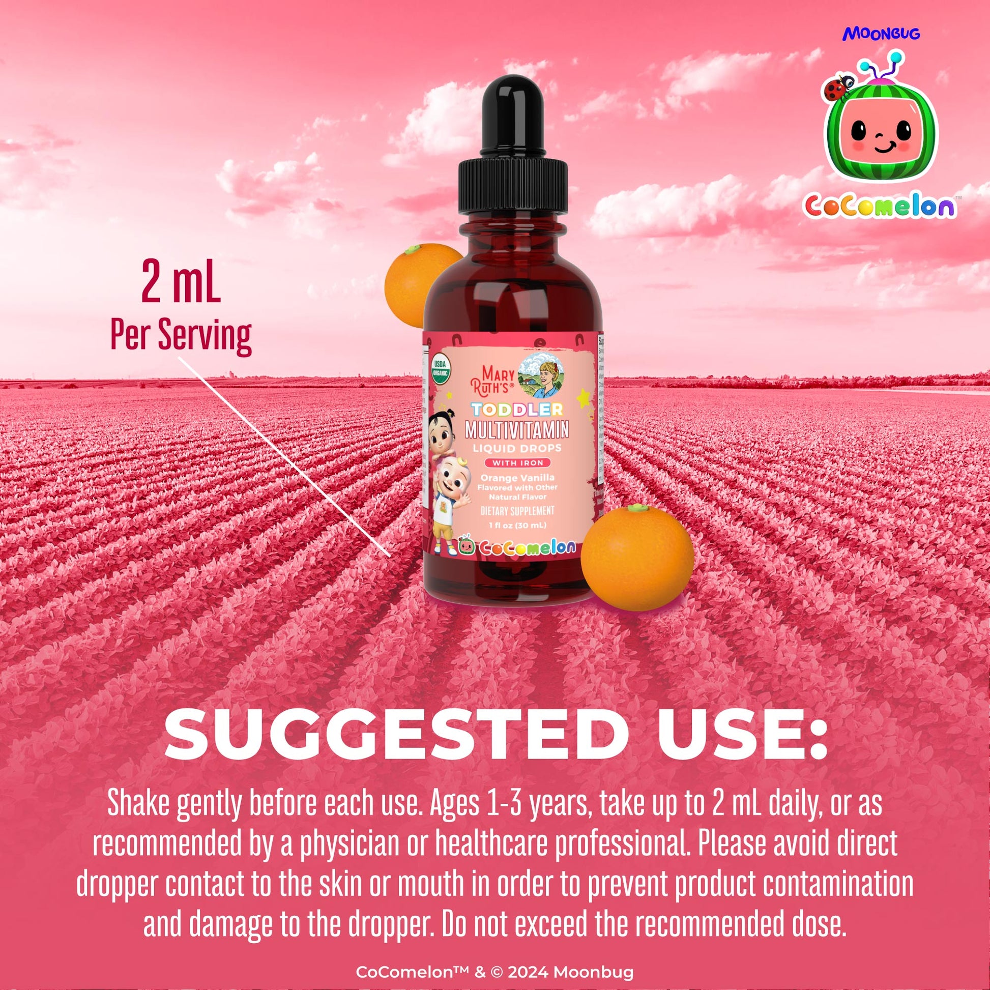 CoComelon Organic Toddler Multivitamin with Iron Liquid Drops Suggested Use