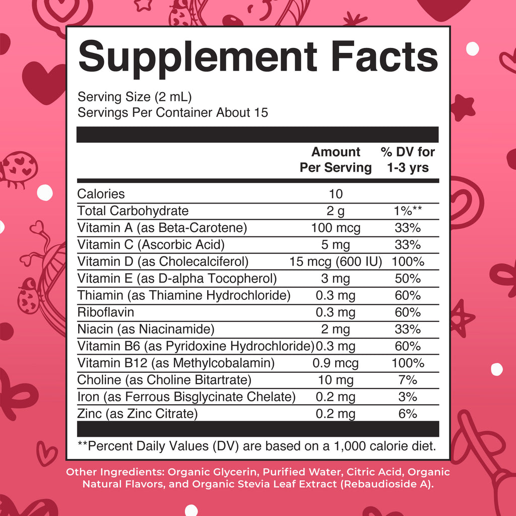 CoComelon Organic Toddler Multivitamin with Iron Liquid Drops Supplement Facts