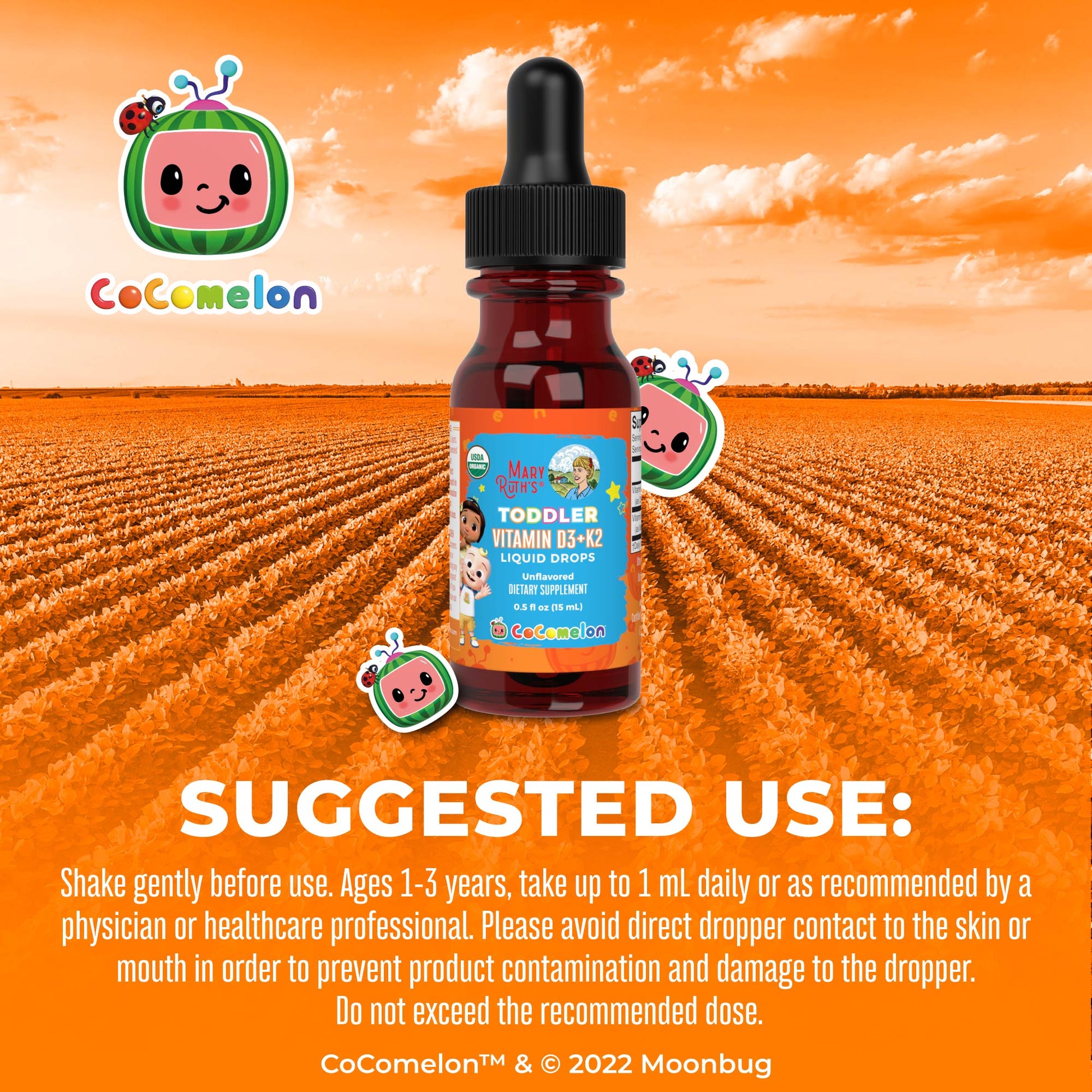 CoComelon Organic Toddler Vitamin D3+K2 Liquid Drops Suggested Use