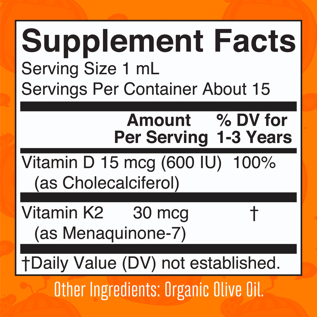 CoComelon Organic Toddler Vitamin D3+K2 Liquid Drops Supplement Facts