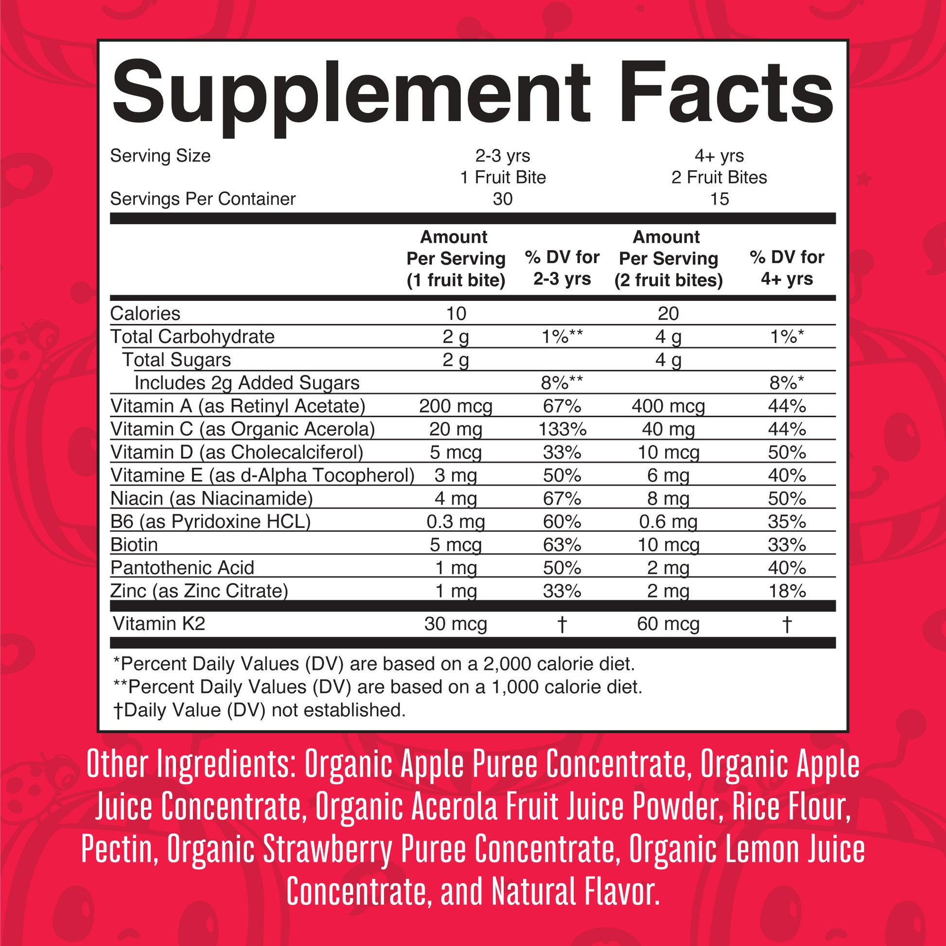 CoComelon Toddler Multivitamin Fruit Bites 30 Count Supplement Facts